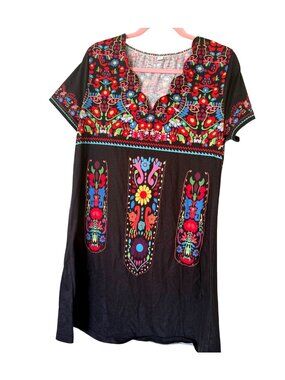Exclusive Women Black Tunic Dress Vibrant Floral Embroidery Short Sleeve Size L